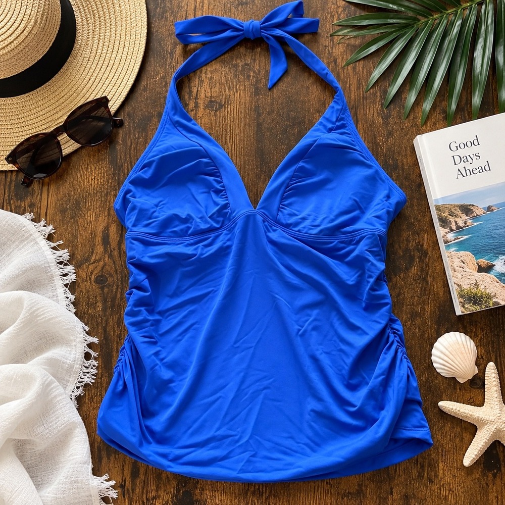 Athleta Large Cobalt Blue Ruched Halter Tankini Swim Top